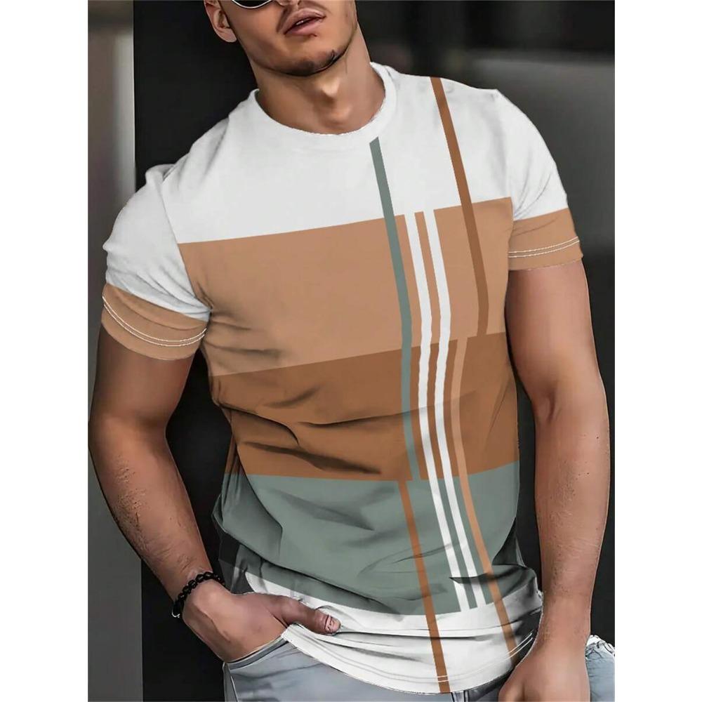 Men's Geometric Stripe Print Crew Neck T-Shirt - Casual Short Sleeve Poly Blend