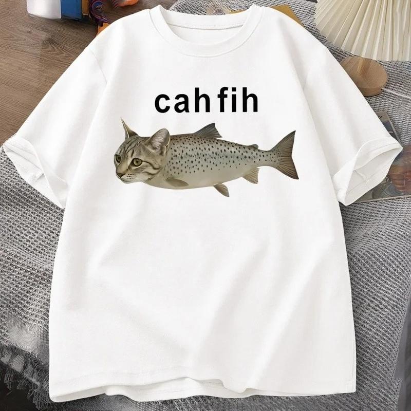 Fun cat print Tshirt like fish short sleeved round neck versatile fashion Womens Tshirt suitable for all seasons