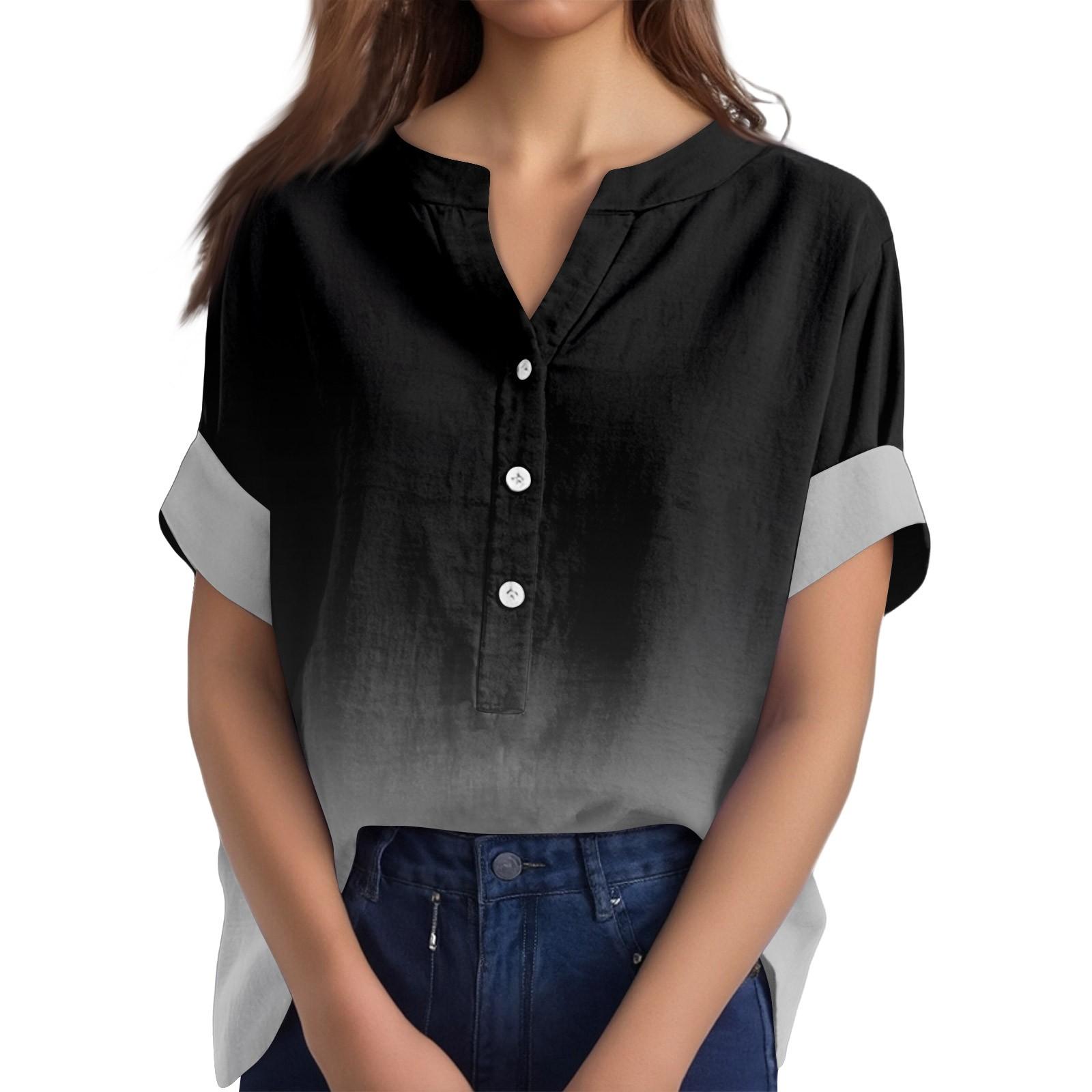 

Жіноча бавовняна лляна футболка з круглим вирізом і короткими рукавами з принтом на ґудзиках XXXL чорний