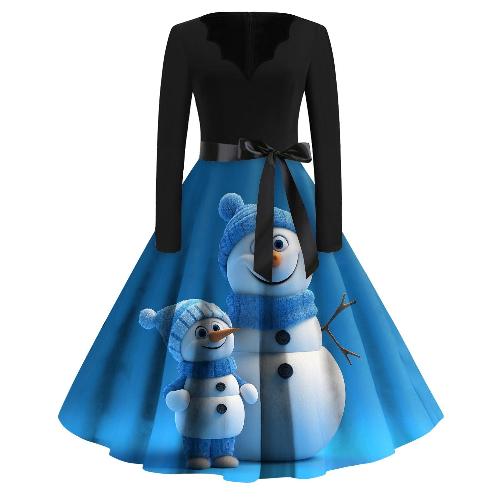 

Женские модные повседневные тонкие рождественские платья с длинным рукавом с v-образным вырезом и принтом L синий