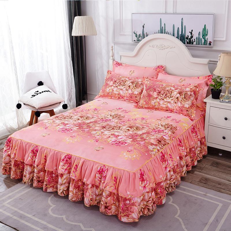 3Pcs Bed Sheet Lace Skirt Non-slip Mattress Cover Elastic Fitted Double Bedspread With Pillowcases Bedding Set Elastic King Size