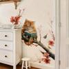 Cute Cat Reading On Flowering Branch Wall Stickers, Orange Cat with Little Bird Artistic Decor for Study Room Living Room Decoration