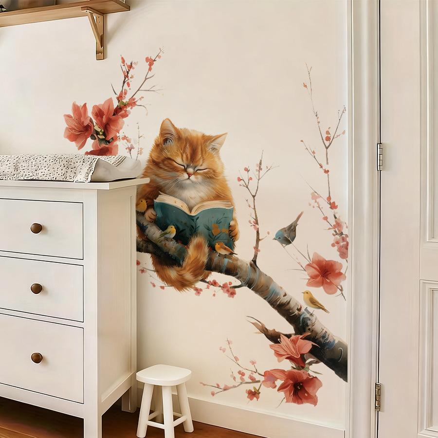 Cute Cat Reading On Flowering Branch Wall Stickers, Orange Cat with Little Bird Artistic Decor for Study Room Living Room Decoration