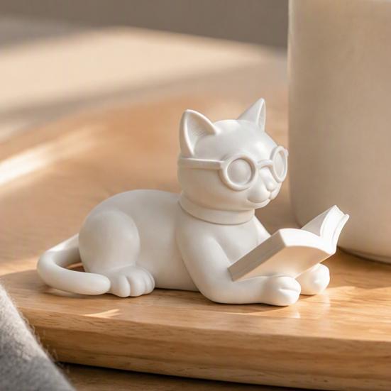 Bookshelf Decorative Accents 3D Printed Reading Cat Figurine, Statue with Eyeglasses, Creative Birthday Gifts Animal Desktop Ornament for Home Office