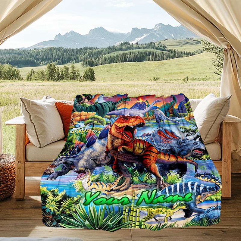 1PC Custom Name Dinosaur Adventure Prehistoric World outdooor Flannel blankets Patterns Throw Blanket All-Season Soft Gift for Couch, Bed, Camping gif