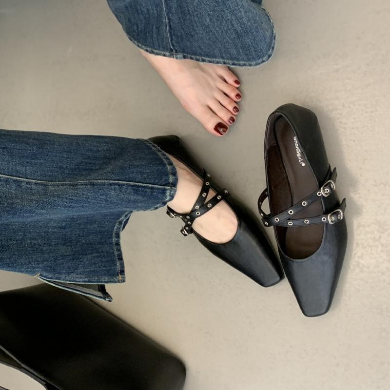 Simple and versatile Mary Jane shoes women's 2025 spring and autumn new cross-buckle soft leather evening low-heeled single shoes