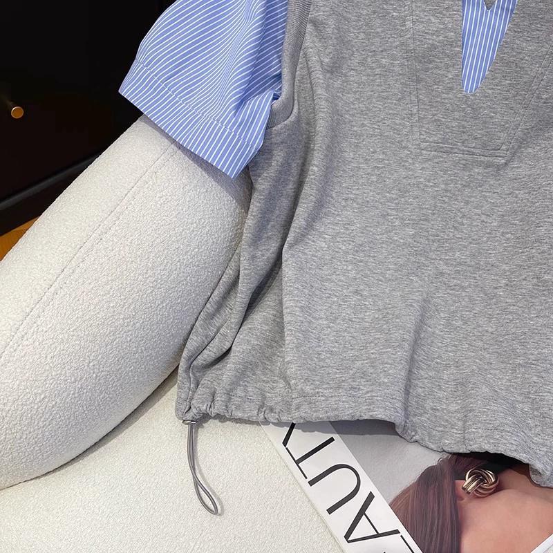 Premium POLO Collar Striped Fake Two Piece Short Sleeved T-shirt for Women's Summer Loose Commuting Versatile Top