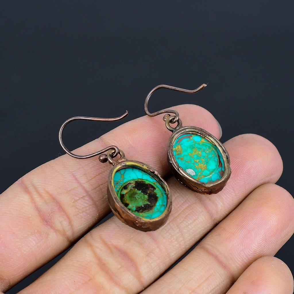 Arizona Turquoise Copper Electroformed Earrings, Handmade Gemstone Jewelry Earrings For Memorial Day