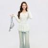 Korean Apricot Sweet Lace V-neck Long-sleeved T-shirt Women's Spring Ballet Bottomed Lace Shirt with Top