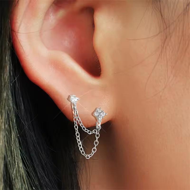 Arrival Double Ear Studs Tassel Chains Hanging Earrings for Women Ear Piercing 3 Metal CZ Jewelry