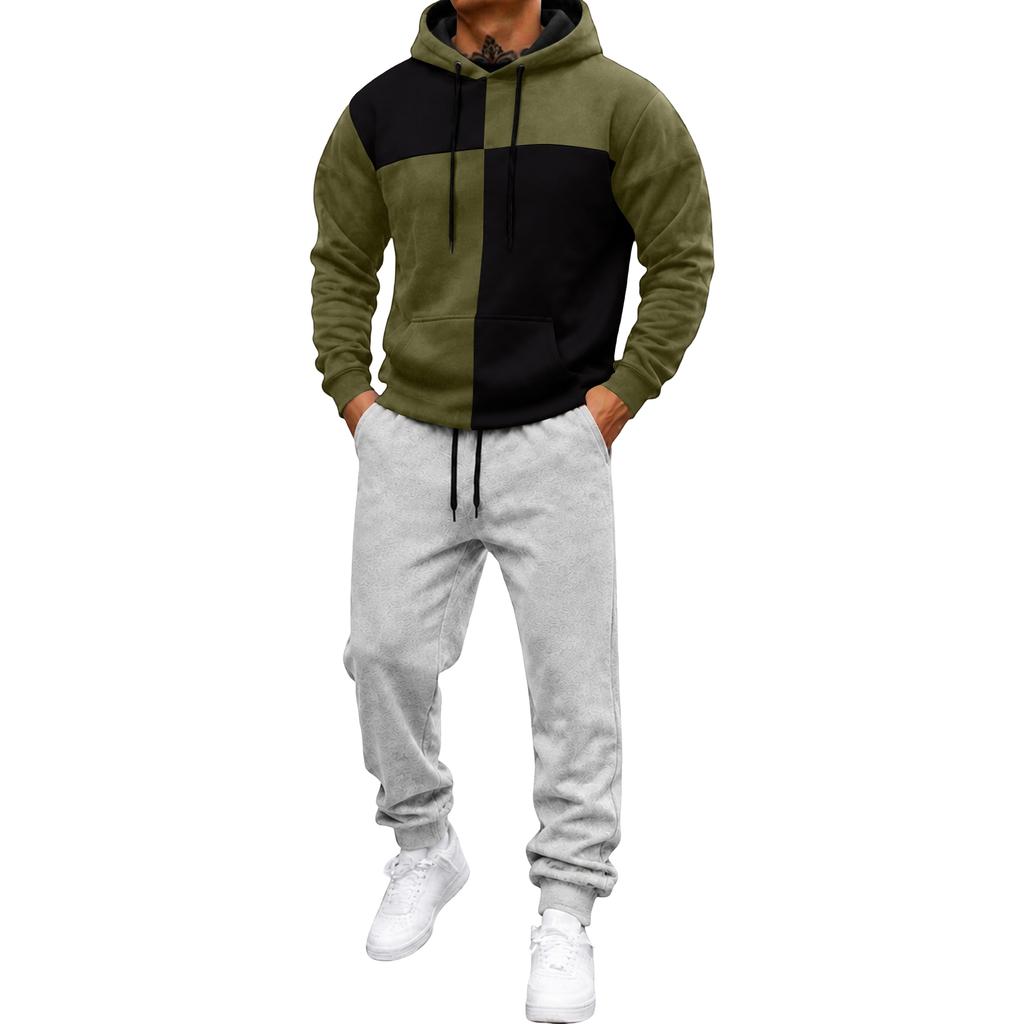 Men's Color Block Hooded Sweatshirt and Sweatpants Set Casual Athletic Track Suit