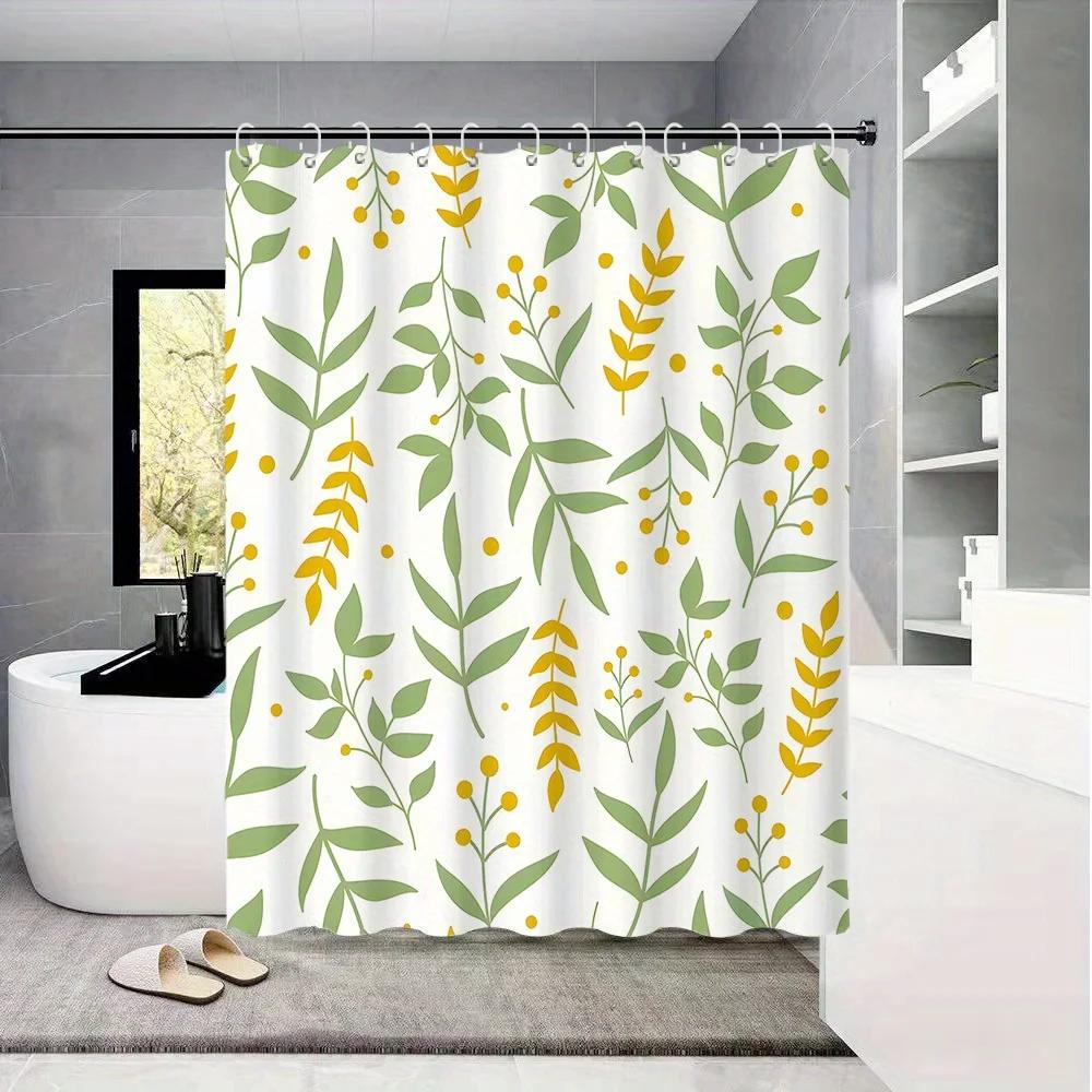 Watercolor Green Leaf Shower Curtain Digital Printing Polyester Fabric Waterproof Bathroom Decoration Home Easy to Wash