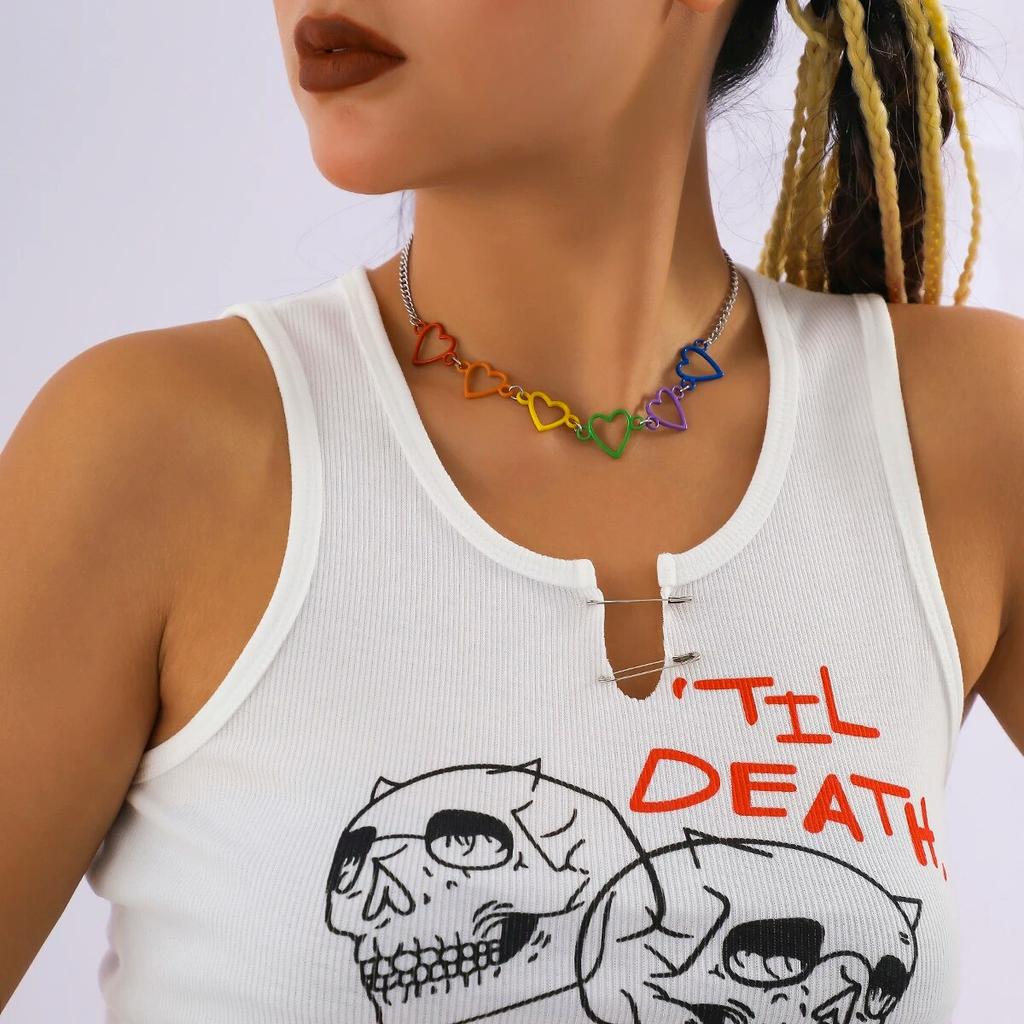 Hip Hop Bunte Liebesherz Kurze Choker Halsketten für Frauen Süße Rock Metal Sprüh Halskette Mädchen Y2K Schmuck Zubehör Neu