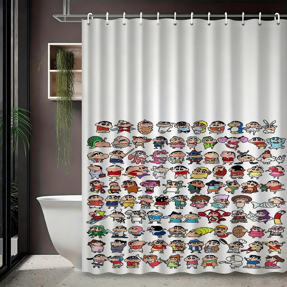 Crayon Shin-Chan & Friends Adventure On Rocks 2D Print Waterproof Shower Curtain, Blue Night Anime Bathroom Decor With Hooks