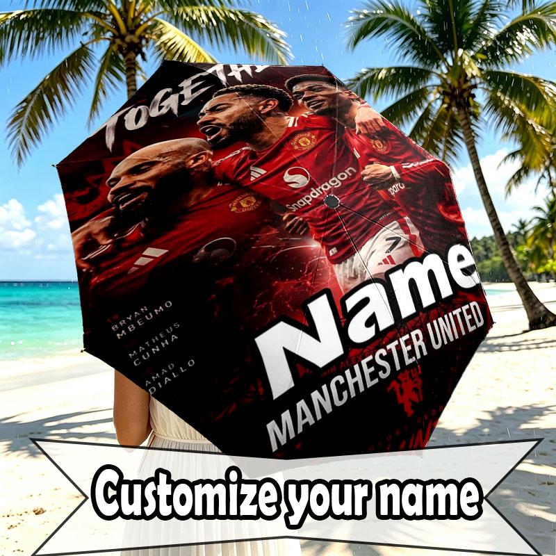 Custom Name Personalized Manchester United Print Umbrella, Auto Open Close, 8‑Rib Sturdy Frame, Commute Camping Hiking Use, Birthday Gift