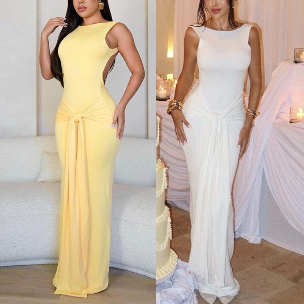 2025 Autumn European & American Style Slim-Fit Backless Dress with Sashes