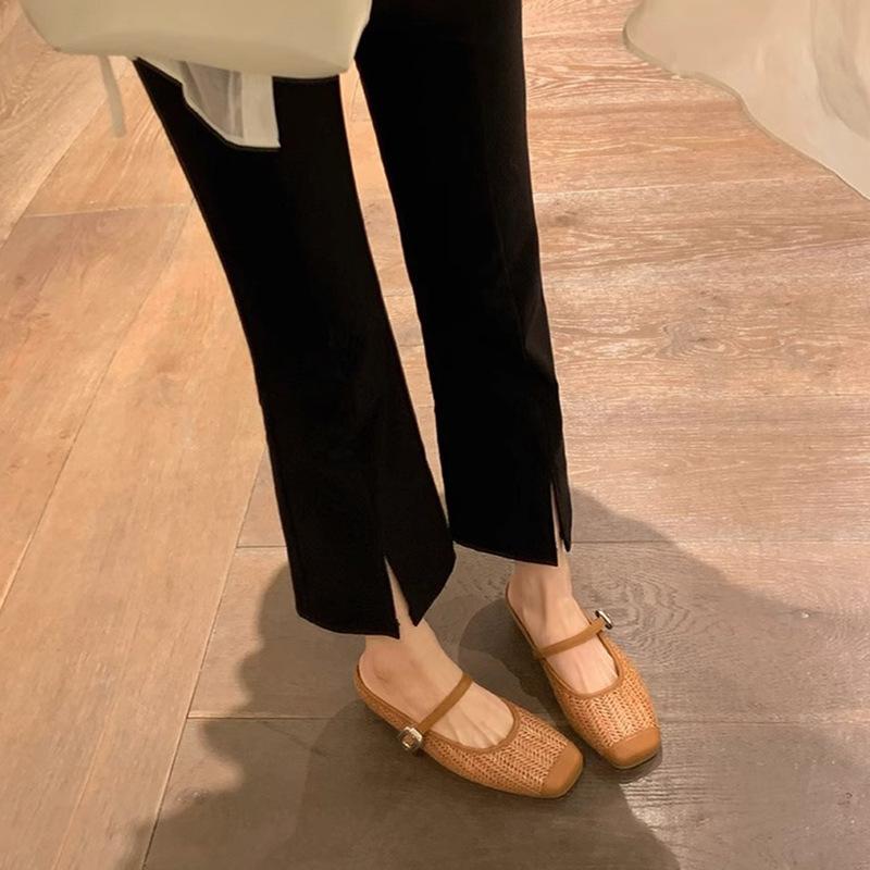 Grape Mother with the Same Height Increased by 5cm~ Leisure and Vacation Style Straw Woven Square Head Sandals Lazy Half Drag Women Summer Versatile