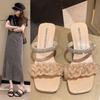 Crystal high-heeled sandals women's new transparent thick-heeled rhinestones outside cool slippers square head one-word women's slippers 42