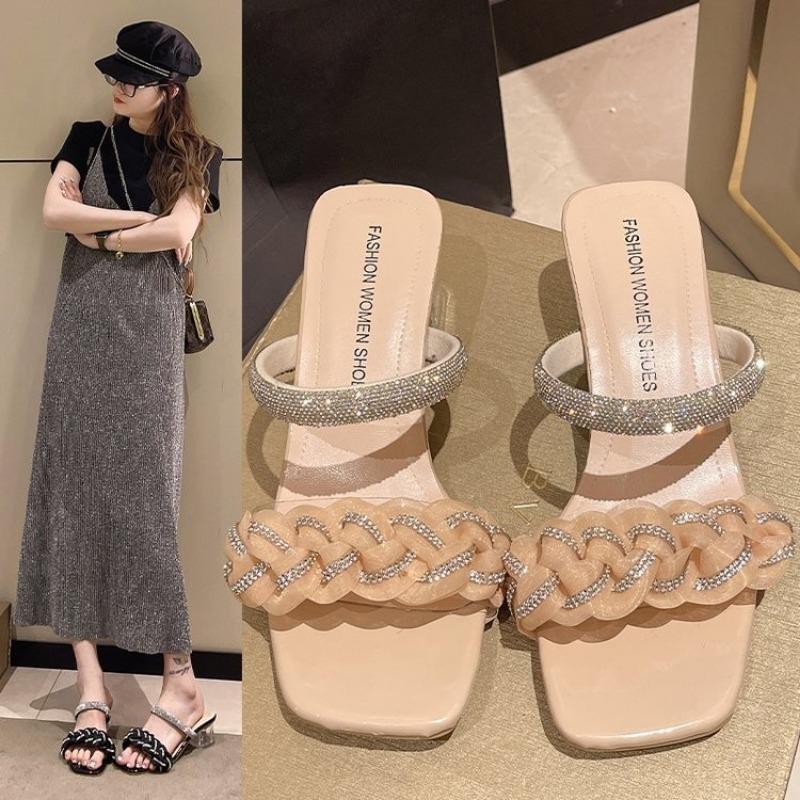 Crystal high-heeled sandals women's new transparent thick-heeled rhinestones outside cool slippers square head one-word women's slippers 42