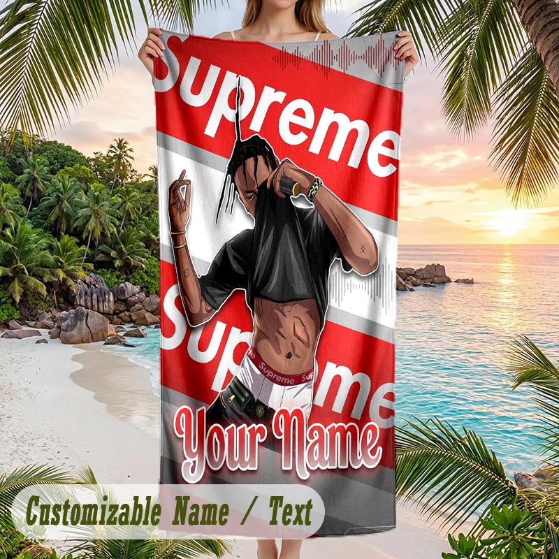 Travis Scott Beach Towel, Personalized Custom Name Text, Quick Dry Large Absorbent Towel For Beach Pool