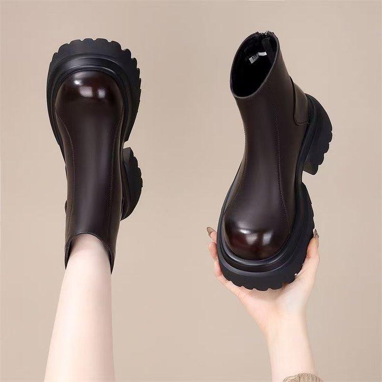 Женская обувь на высоком каблуке - Новая модель туфли на платформе с круглым носком - Короткие ботинки 40 коричневый 2190₽