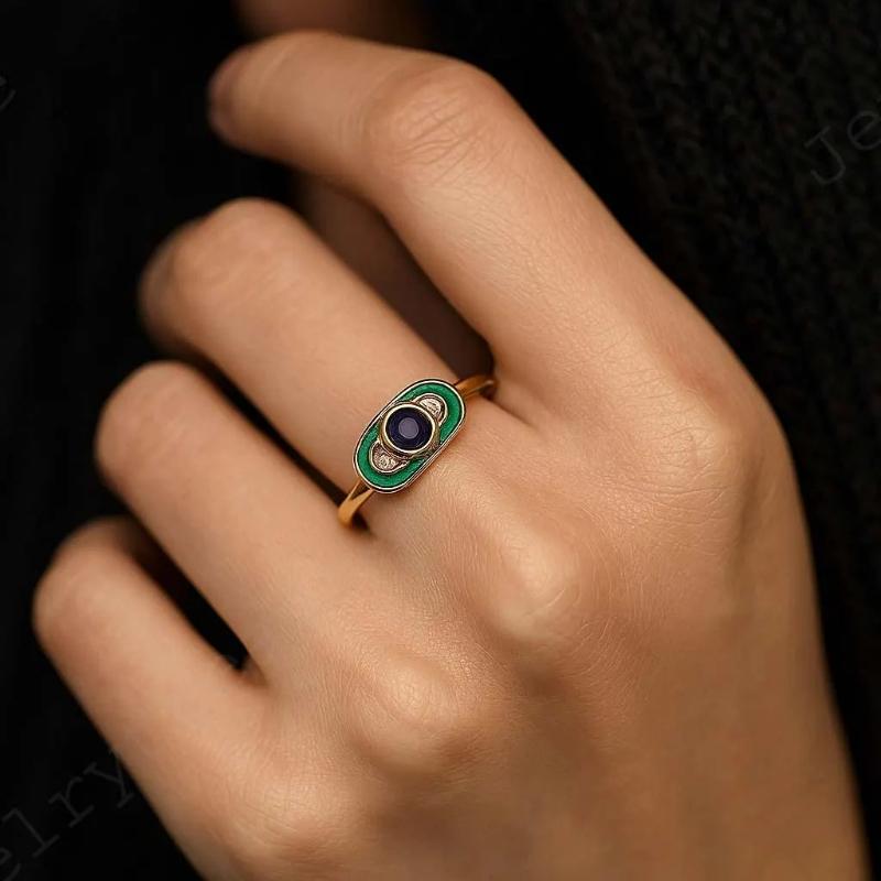 Vintage Green with Blue Synthetic Zirconia Ring Suitable for Women's Niche Design Daily Commuting Jewelry Accessories Gifts