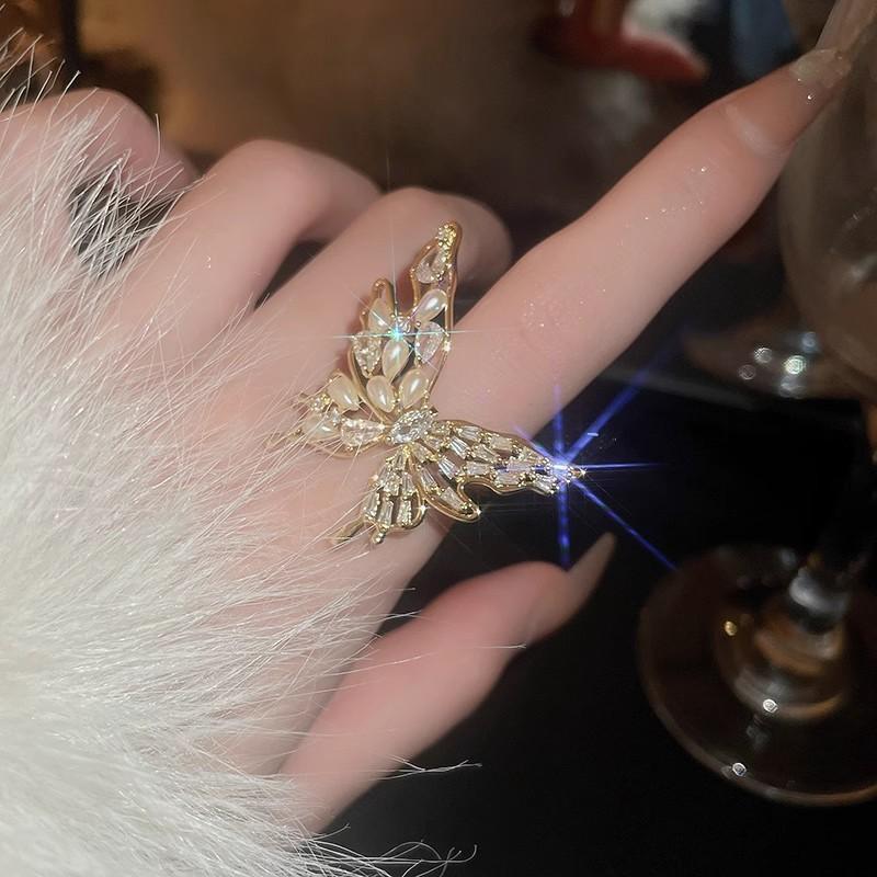 

Autumn and winter light luxury zircon butterfly pearl opening ring temperament index finger ring fashion versatile ring accessories opening