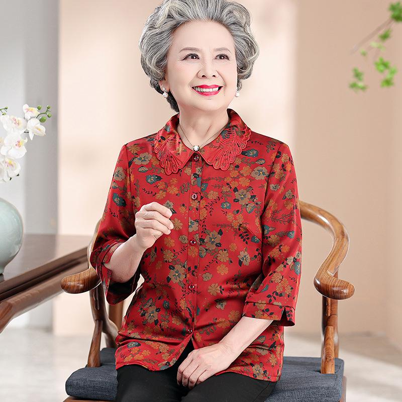 

Silk Shirt for Elderly Women - Grandma Style, Elegant Spring and Summer Tops 3XL (recommended 120-135 jin) красный