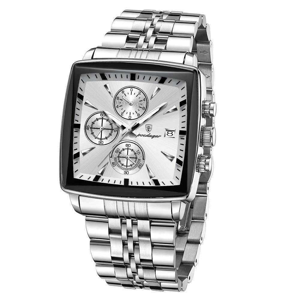 Business Quartz Watch Men Gold White Chronograph Dress Wristwatch with Stainless Steel Band Auto Date Luminous Hands 24-hour