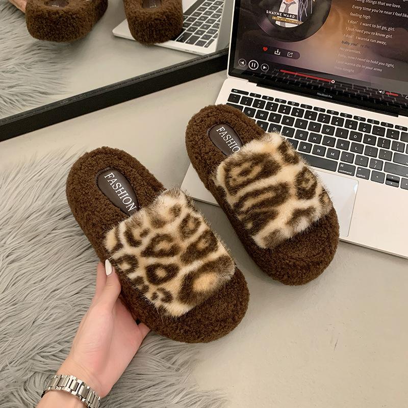Internet Celebrity Mao Mao Slippers Women Wear 2025 New Autumn and Winter Thick Bottom Home Cotton Slippers Leopard Print Retro Versatile Word