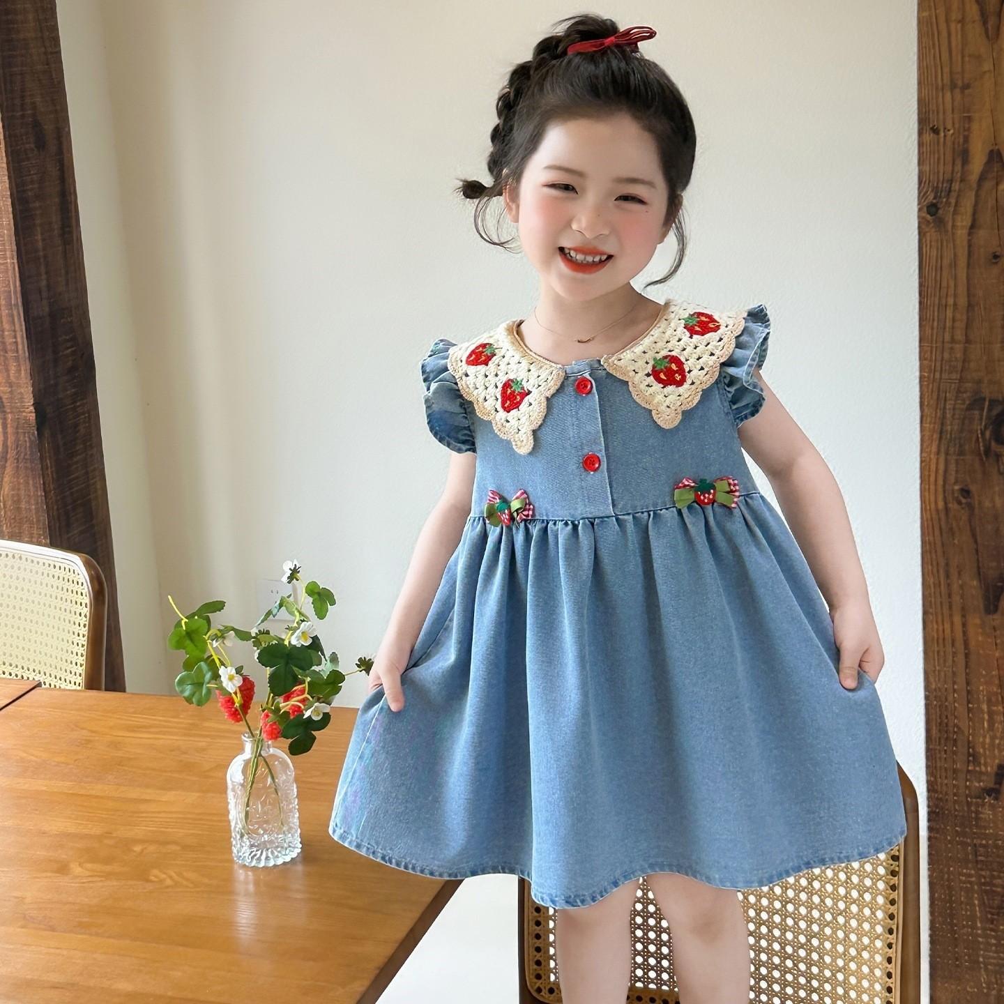 Summer Girls Strawberry Denim Two Piece Set Stylish Korean Casual Outfit For Kids 90