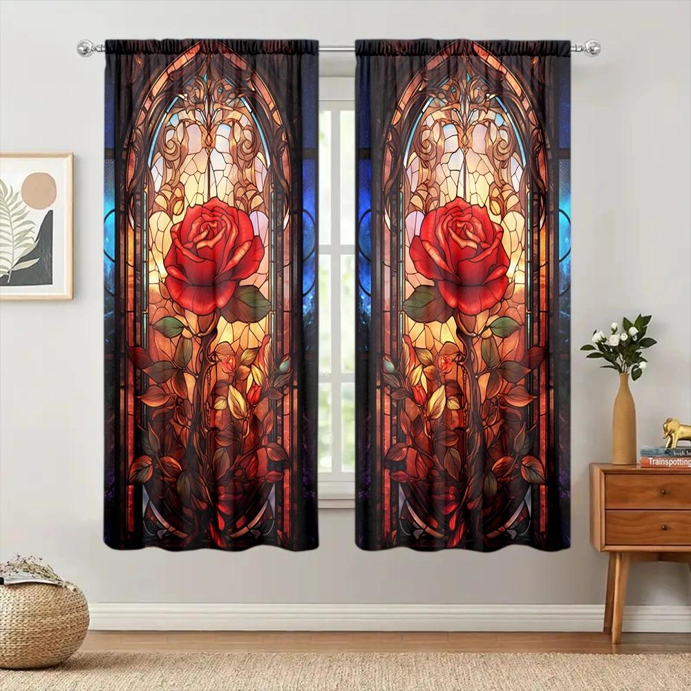Zasłona z nadrukiem róż do dekoracji domu - Kieszeń na karnisz, dekoracja okienna do sypialni, kuchni, salonu