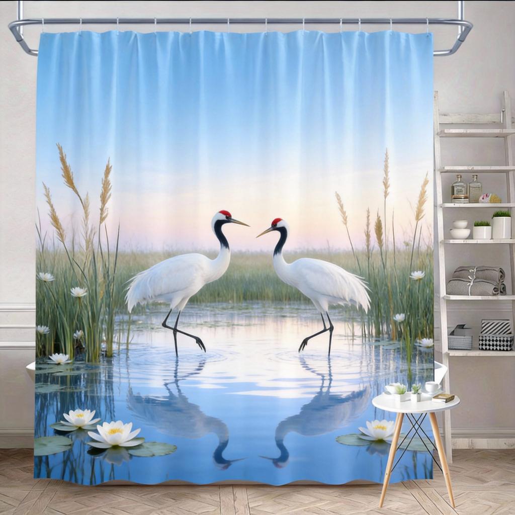 Elegant Heron Shower Curtain Machine Washable All Season Waterproof Privacy Protection 2D Print Nature Design Serene 12 Hooks