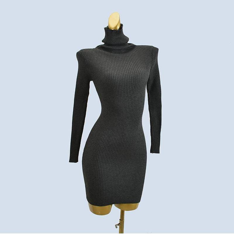 Pile Collar Pure Color Short Silm Hip Knitwear Dress Sweater Inner Soft Stretch Women's Clothing