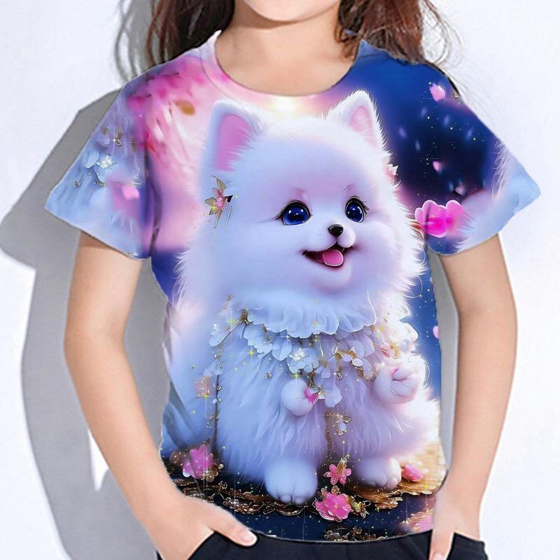 Abbigliamento per Bambini Ragazza T-shirt Manica Corta Stampa Gatto Cartone Animato 3D Vestiti Estivi per Bambini Moda Carina Abbigliamento per Ragazze Top in Poliestere