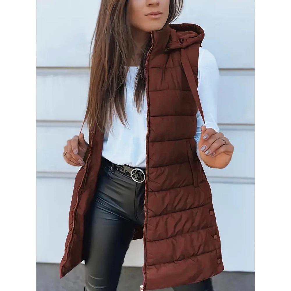 Autumn Winter Solid Color Hooded Zip Cotton Vest Women Mid-Length Plus Size Padded Gilet Coat