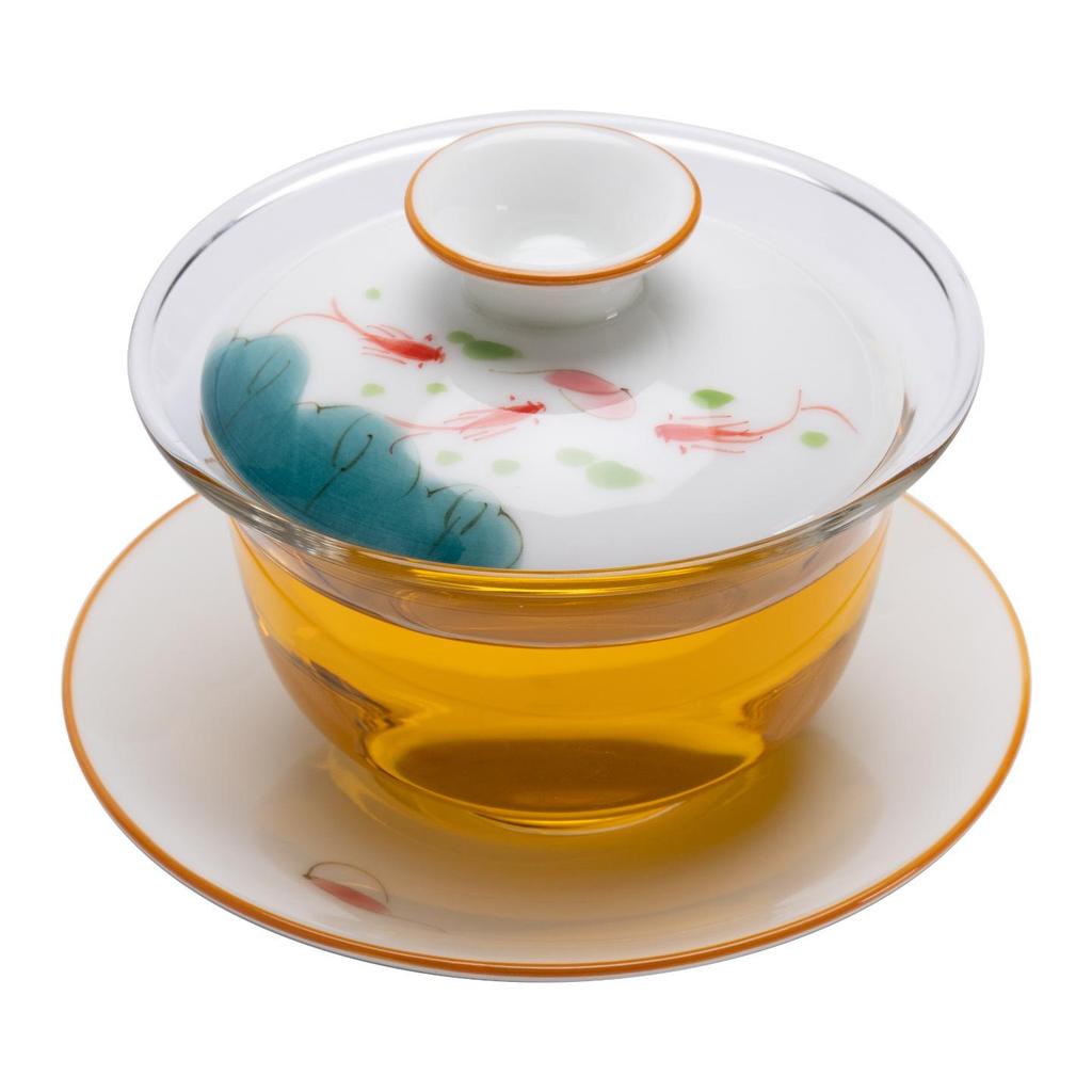 Chinese Hand-Painted Gaiwan Tea Set with Borosilicate Glass and Mutton Fat Jade White Porcelain