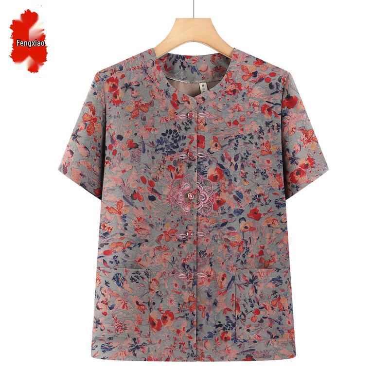 Elderly Women s Floral Short-Sleeve V-Neck Shirt XL