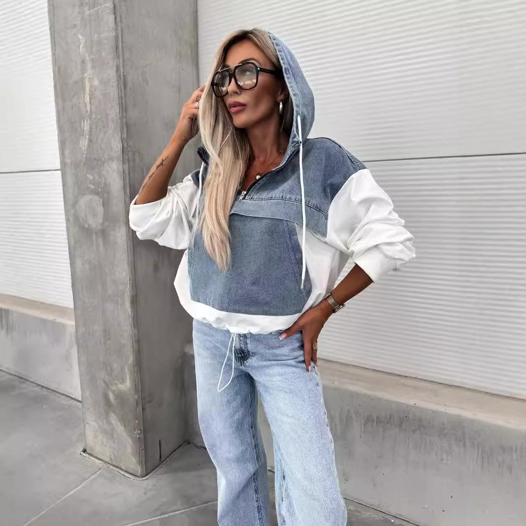 Felpe con cappuccio in denim lavato da donna, larghe, vintage, con cappuccio, pullover, top autunnali patchwork, felpa streetwear femminile