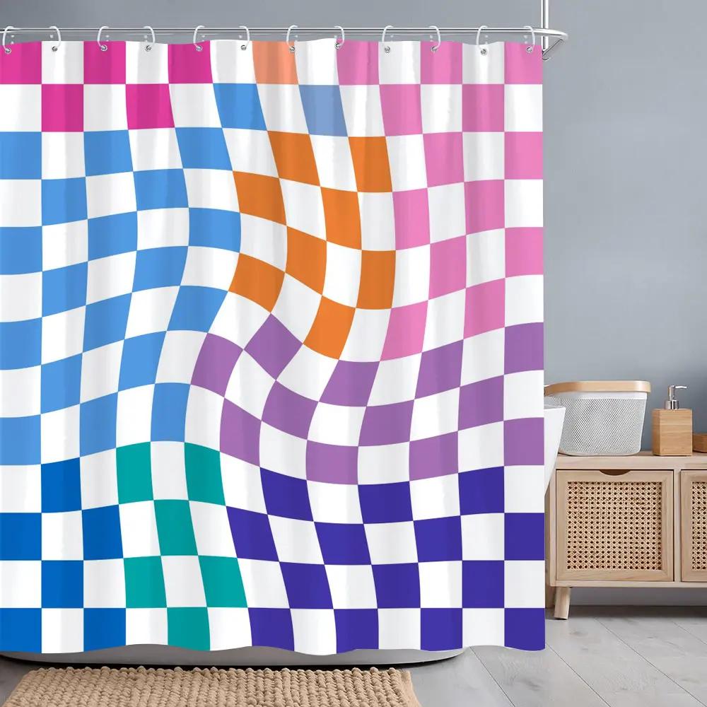 Abstract Geometric Line Square Graphic Shower Curtain Colourful Grid Polyester Fabric Shower Curtains Bathroom Decor with Hooks