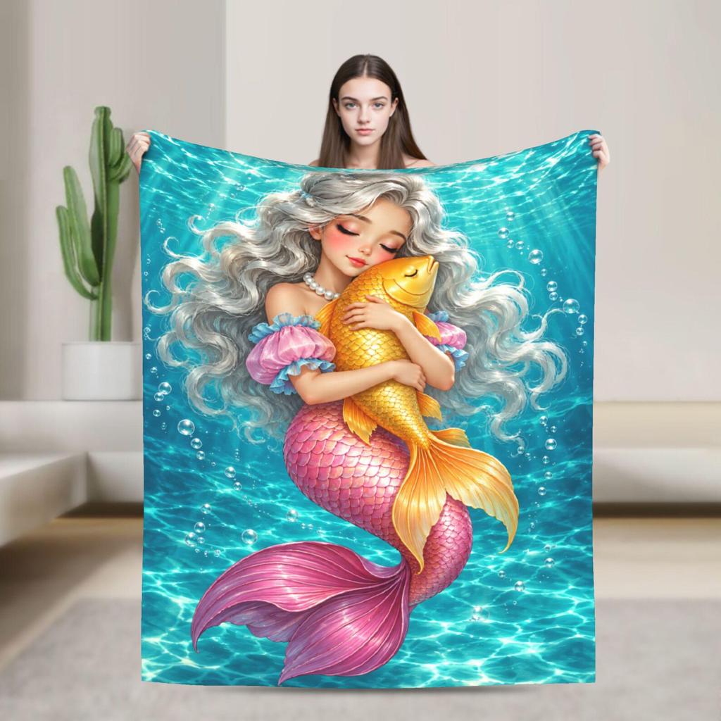 Mermaid Flannel Throw Blanket: Fantasy Ocean Mermaid & Fish (300 GSM)