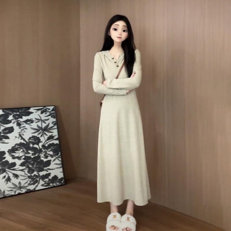 French long-sleeved hooded dress early autumn new women's small knitted inner long dress