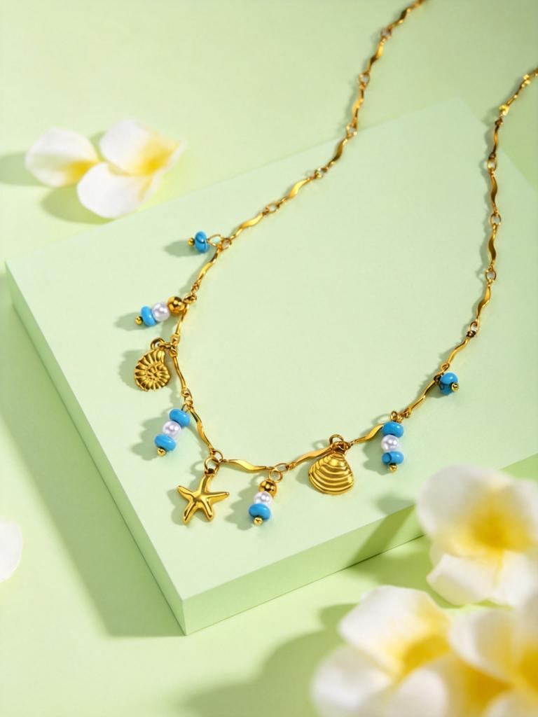 Bohemian Turquoise Necklace for Women,Conch Starfish Shell Pendant Necklaces,Stainless Steel Wave Chain Clavicle Jewelry Gifts