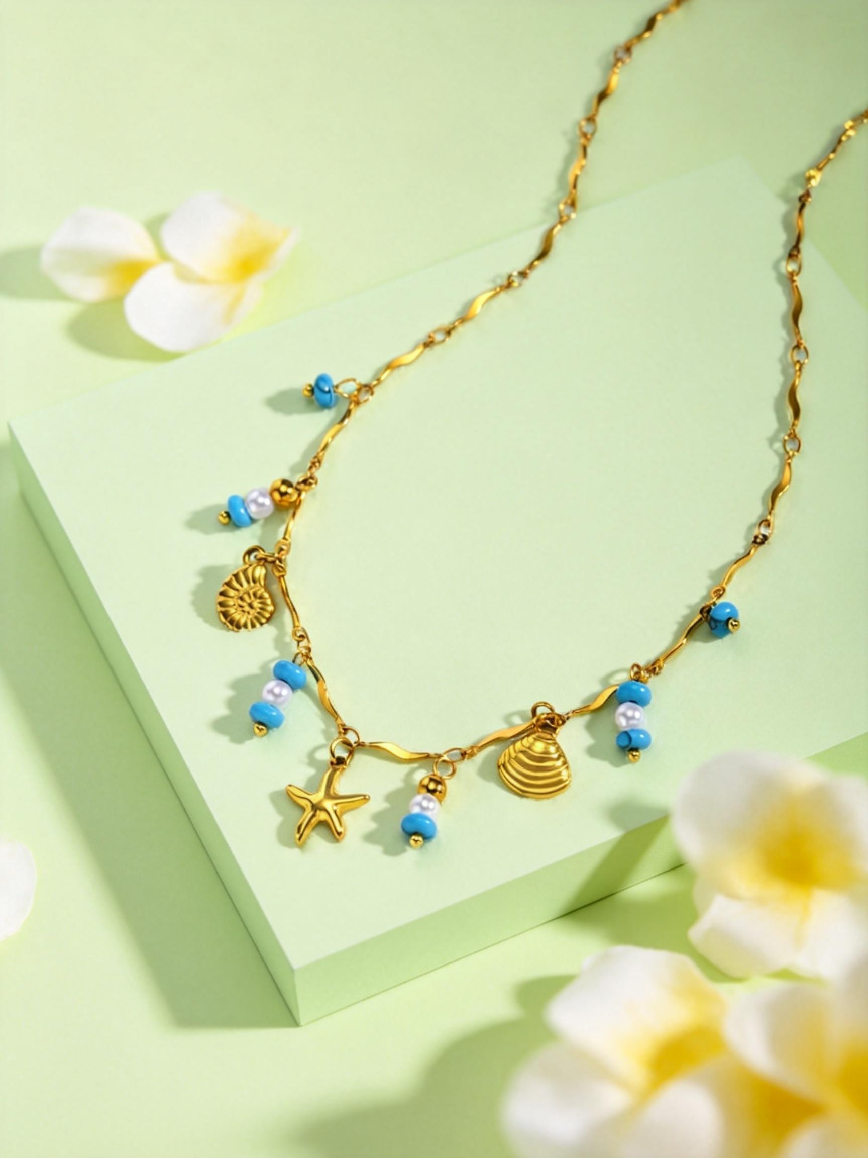 

Bohemian Turquoise Necklace for Women,Conch Starfish Shell Pendant Necklaces,Stainless Steel Wave Chain Clavicle Jewelry Gifts