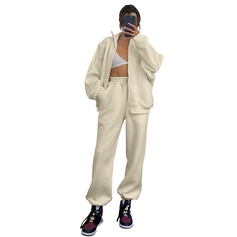 Autumn and Winter Women's Plus Size Solid Colour Lapel Long Sleeve Sweatshirt Fashion Casual Long Pants Suit