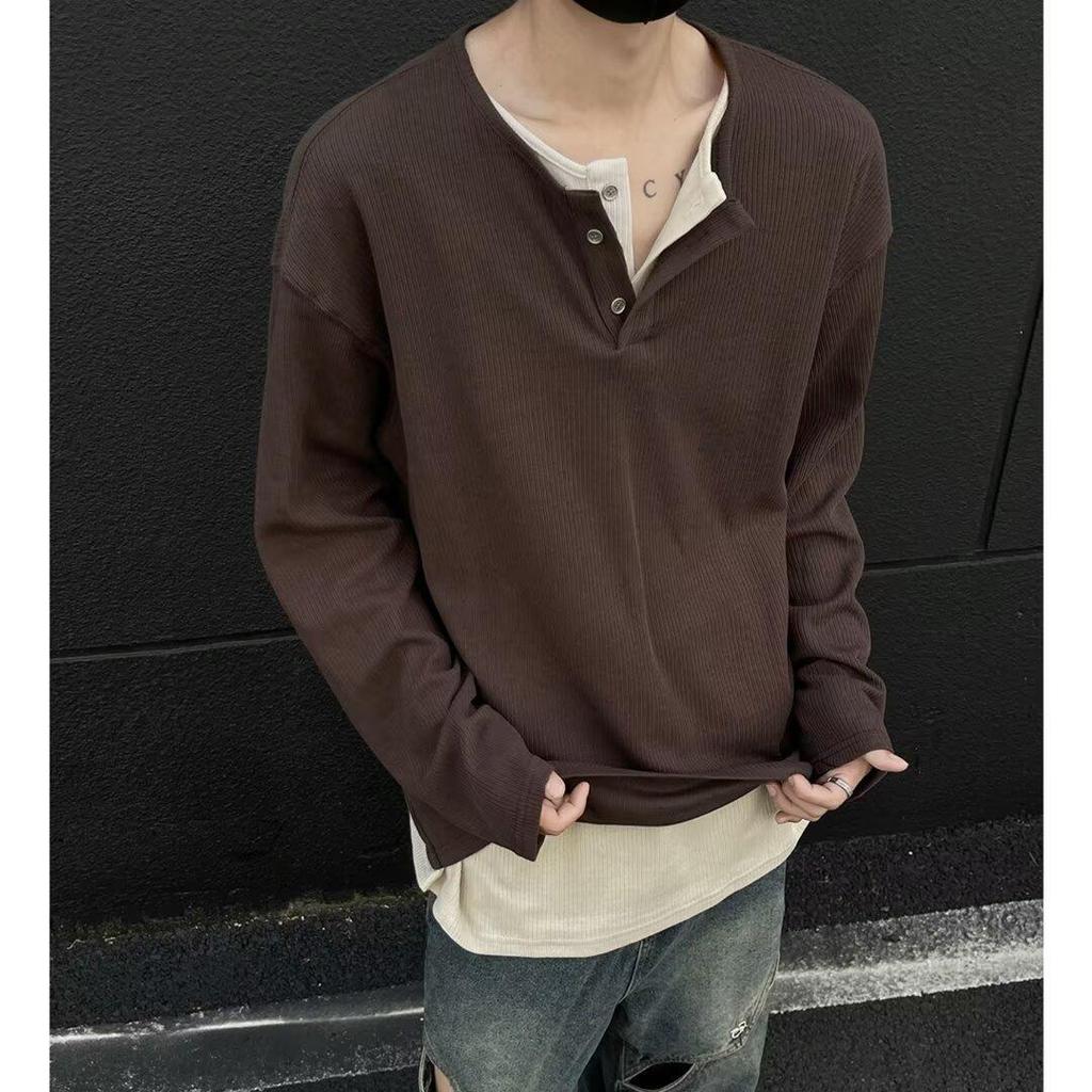 Men's Autumn Korean Style Slim-Fit Henley Long-Sleeve T-Shirt