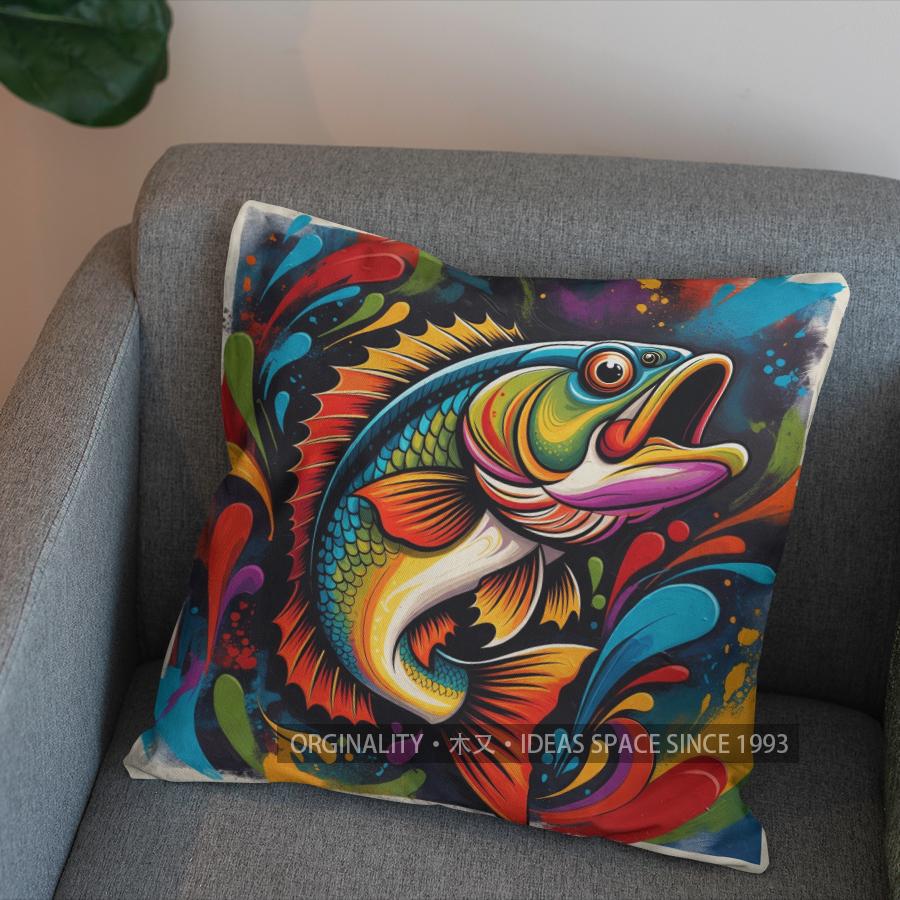 2D Colorful Fish On Mosaic-Patterned Pillow Cover Pattern Cushion Cover Suitable For Sofa Bedroom Car Pillow Cover
