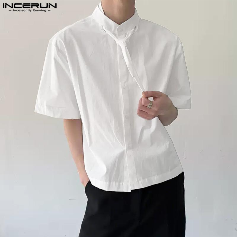 INCERUN Oversized Men Tie Neck Solid Color Buttons Casual Shirts