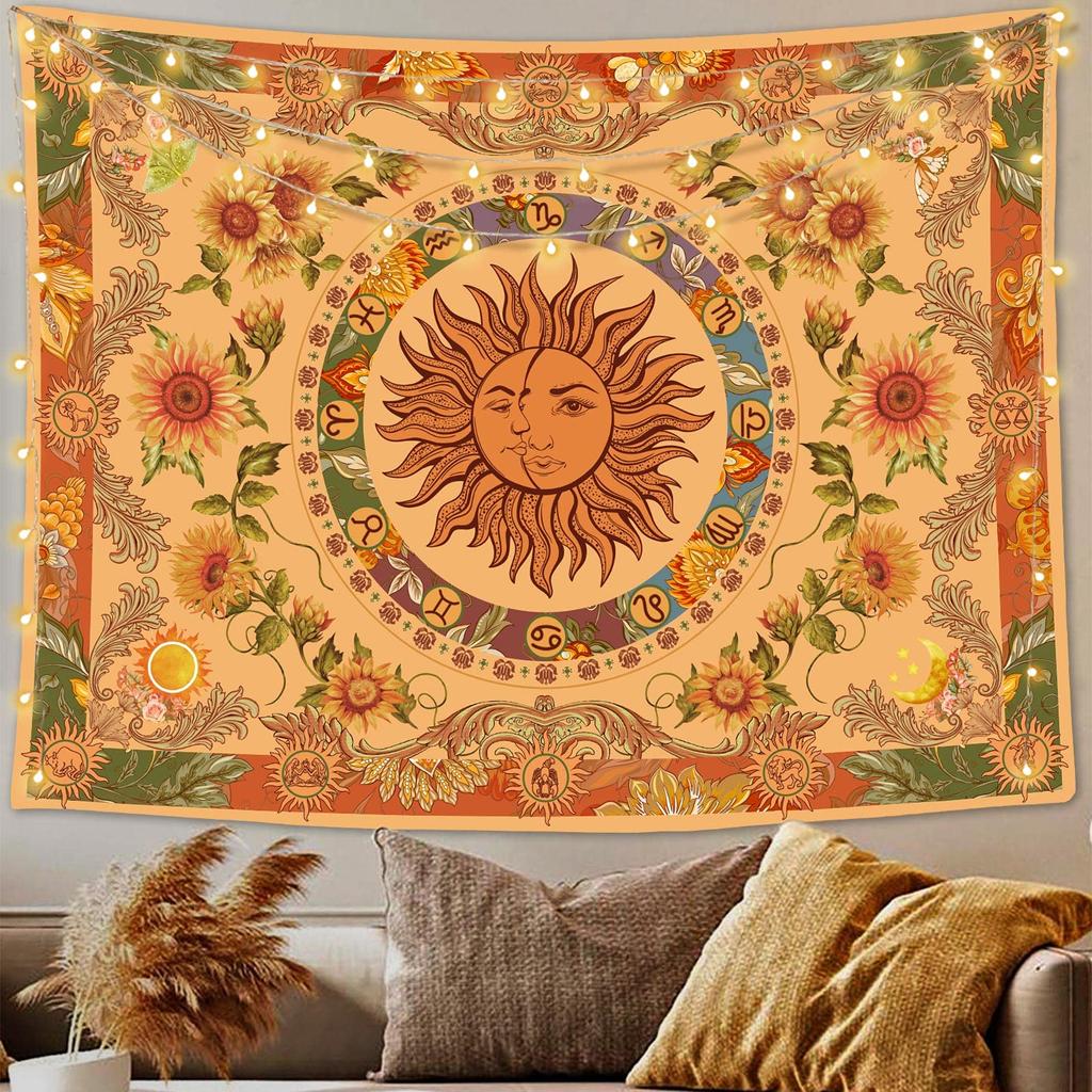 Accnicc Yellow Sun and Moon Tapestry Vintage Indie Boho Tapestry Wall Hanging  Sunflowers Butterfly Moth Constellation Wall Mat