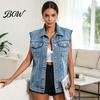 Soft Demin Vest Women Sleeveless for Summer, Button Down Casual Jean Jacket, Frayed Lapel Waistcoat Top with Pockets